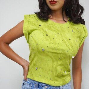 Women Slay Sleeveless Rhinestones top/ Fashion - Green